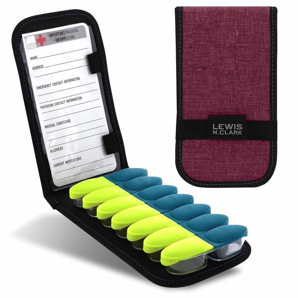 Lewis N. Clark Manyetik Katliamı Pill Organizer Supplement Case for OTC Medicine, Prescription Vitamins-14 Slots, Burgundy