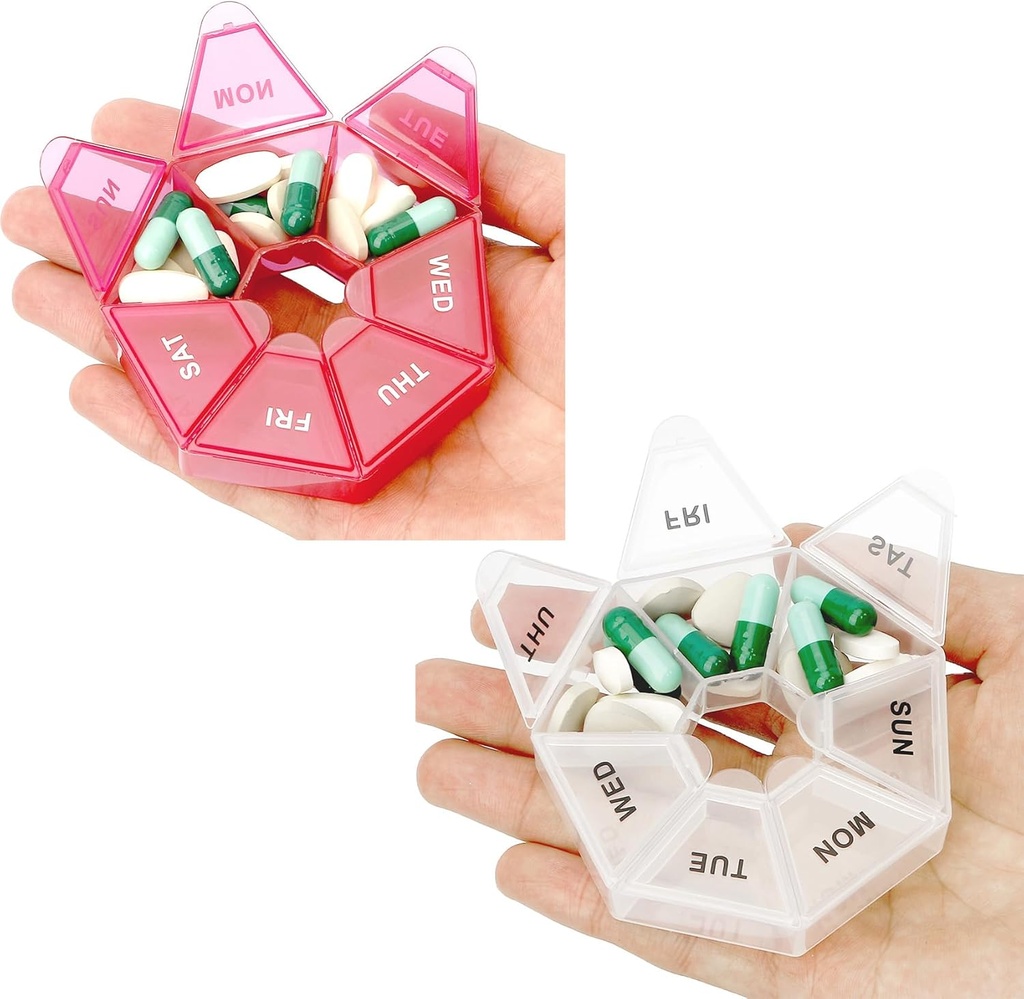 Pill Organizer, 2 Pack Pill Box, Small Pill Case,Medicine Pill Organizer 1 Gün Bir Gün, Haftalık Pill Organizer, Pill Konteyner, Pill Holder, Daily Pill Organizer Travel Pill Organizer 7 Gün (Red & White)