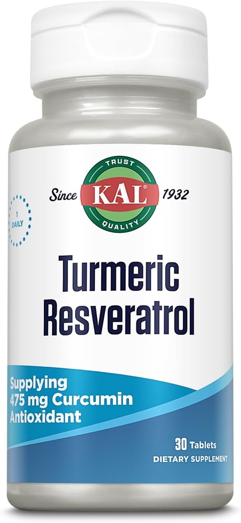 KAL Turmeric Resveratrol Tamam, Antioksit Desteği, 475 mg Turmeric Curcumin, Heart Health and Joint Health Support, Rapid Disintegration, 60-Day Garanti, 30 Hizmet, 30 Tablet
