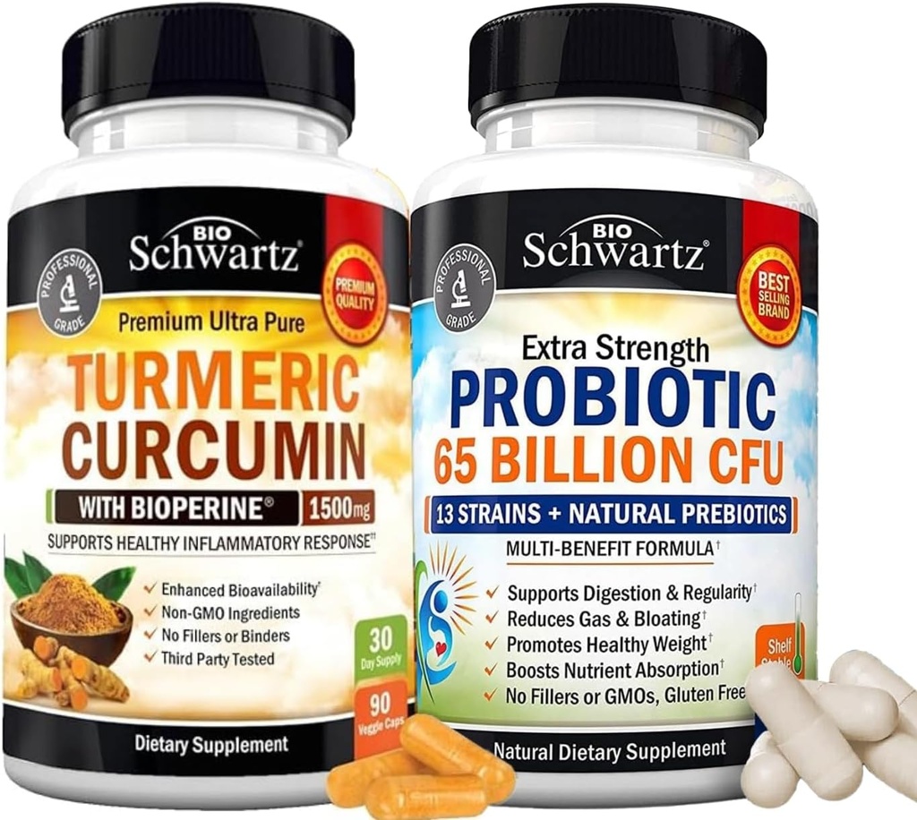 65 Milyar CFU Daily Probiyotik Supplement (1 Ay Supply) Plus Turmeric Curcumin with Black Pepper Extract 1500 mg Complex (Trial Boyut)