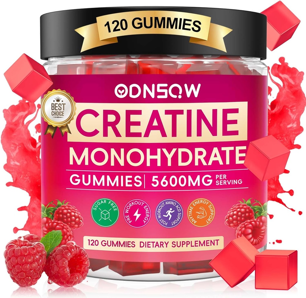 Erkekler ve Kadınlar 120 CT için Kreatif Monohidratlar - Servis başına 5600 mg - Vegan, Sugar Free Chewable Kre Strength, Enerji Boost (Raspberry Flavor)