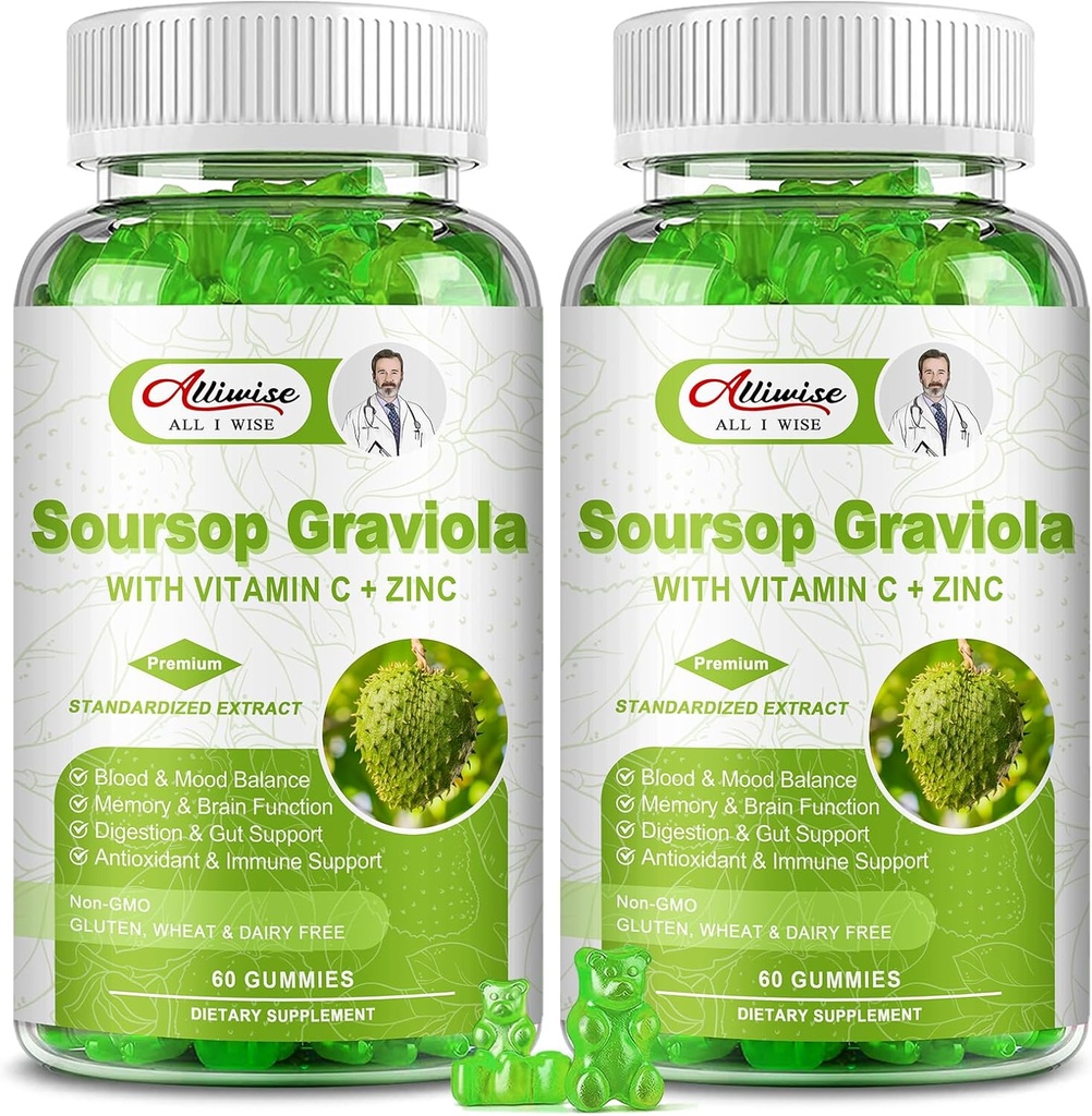 2 Pack Soursop Graviola Gummies Supplement, Original Soursop Kadınlar ve Erkekler için C & Çinko, Immunity & Antioksi & Energy için Çokvitamin Soursop Meyve Tamamı