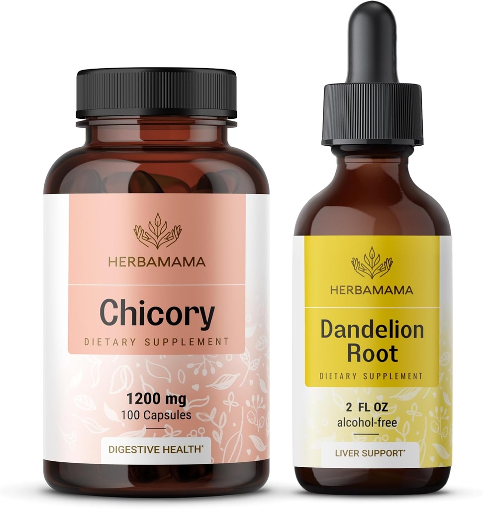 HERBAMAMA Chicory ve Dandelion Kit - 1200 mg Chicory Root Capsules & Dandelion Root Tincture 2 fl oz - Vegan, Non-GMO, Sugar & Alkol-Free - 2 Pack
