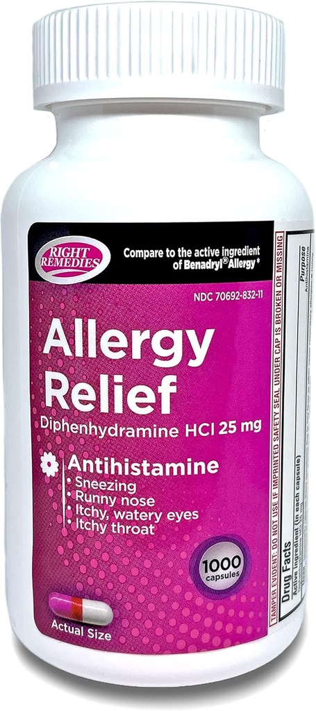 Antihistamin, Diphenhydramine HCL 25mg, Relieves Mevsimlik Kapalı veya Açık Enerjiler, Runny Nose, Sneezing Antihistamine (1000 Capsules)