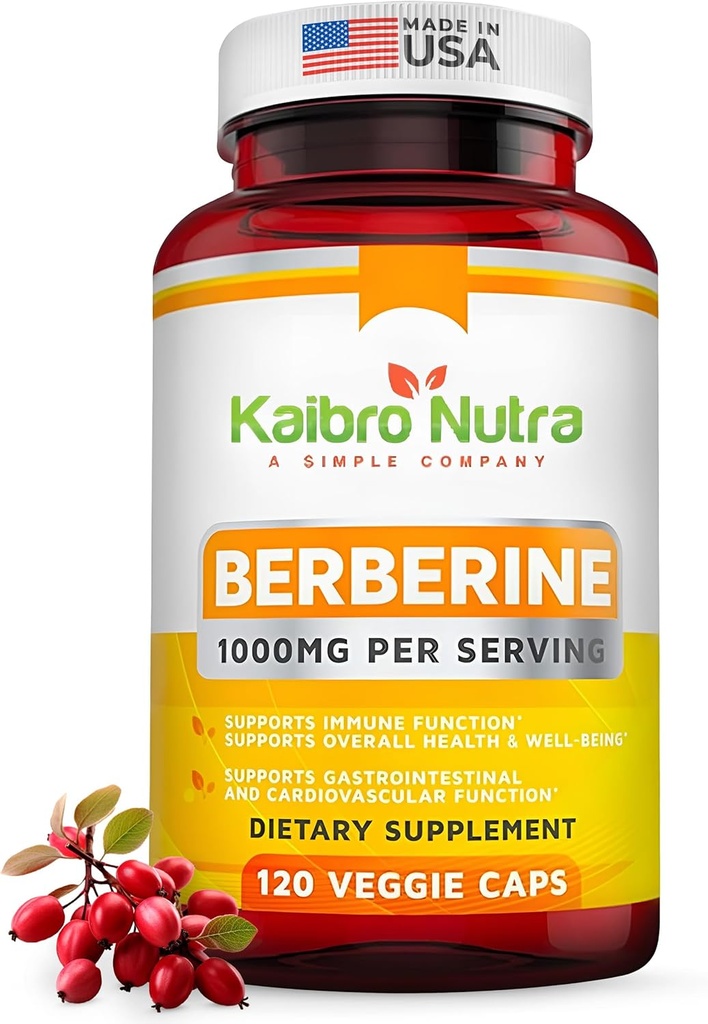 Kaibro Nutra Berberine Συμπλήρωμα 1000mg, Berberine HCL για το ανοσοποιητικό σύστημα, Υποστήριξη γλυκόζης, Κυκλοφορική & Γαστρεντερική Υγεία, Vegan & Gluten-Free, 120 Κάψουλες