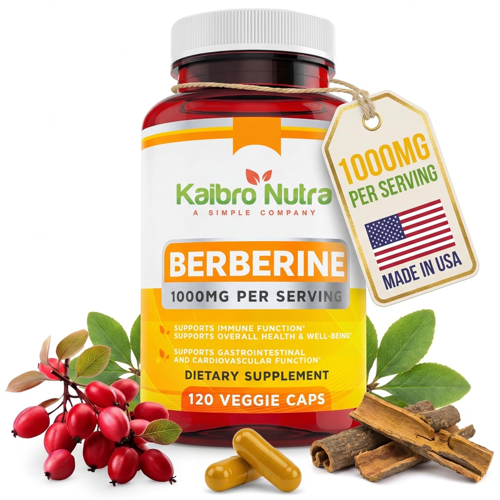 Kaibro Nutra Berberine Συμπλήρωμα 1000mg, Berberine HCL για το ανοσοποιητικό σύστημα, Υποστήριξη γλυκόζης, Κυκλοφορική & Γαστρεντερική Υγεία, Vegan & Gluten-Free, 120 Κάψουλες