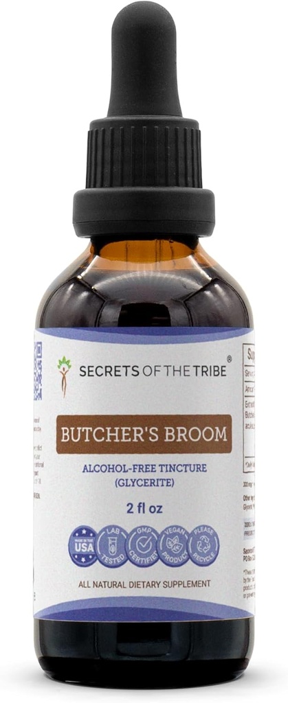 Tribe Butcher'in Broom Alkol Ücretsiz Sıvı Ekstraksiyonunun Sırları, Butcher's Broom (Ruscus aculeatus) kıl Root Tincture (2 FL OZ)