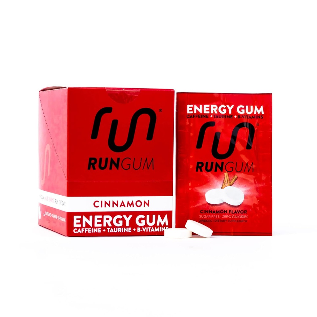 RUN GUM Cinnamon Energy Gum 50mg Caffeine Taurine & B-Vitamins Per Piece, 24 Adet (Pazar 12), 2 Adet = 1 Kahve veya Enerji İçilir, Sugar Free, Zero Calorie