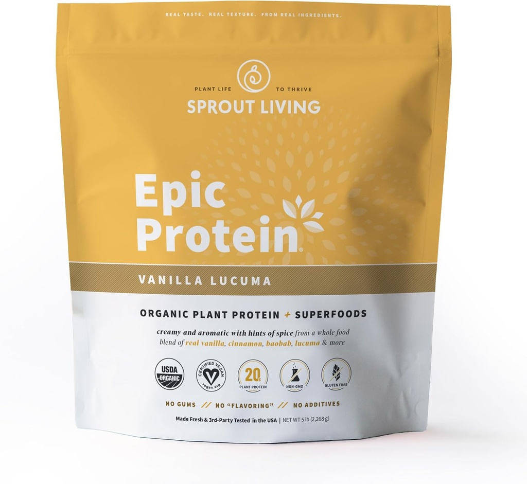 Sprout Living Epic proteini, Plantive protein & Superfoods Toz, Vanilla Lucuma Toz | 20 Grams Organik Protein Toz, Vegan, Süt, Non-GMO, Gluten Free, Low Sugar (5 Pound, 60 Hizmet)