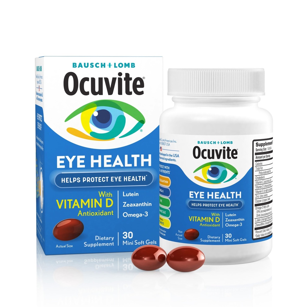 Ocuvite Eye Health, Lutein & Zeaxanthin συμπλήρωμα, Βιταμίνη ματιών με αντιοξειδωτική βιταμίνη D, C, E & Omega-3, βοηθά στην προστασία της υγείας ματιών, 30 Softgels