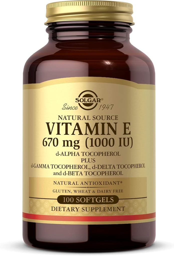 Solgar Vitamin E 670 mg (1000 IU), 100 karma Softgels - Doğal Antioksi, Skin & Immune System Support - Doğal Kaynaklanan Vitamin E - Gluten Free, Dairy Free - 100 Hizmet