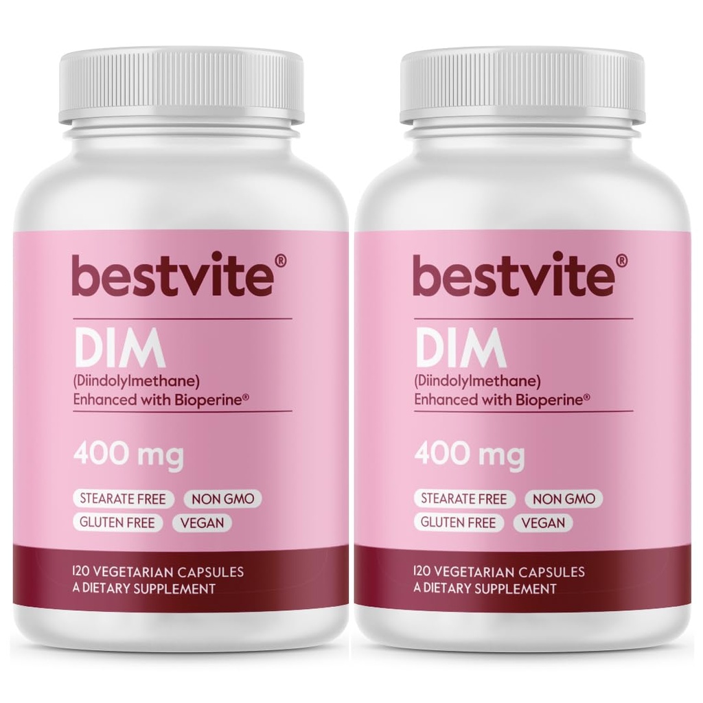 BESTVITE DIM (Diindolylmethane) 400mg με Bioperine (240 κάψουλες χορτοφάγων) (120 x 2) - Όχι στεατικά - Όχι Ζελατίνη - Vegan - Μη ΓΤΟ - Χωρίς γλουτένη