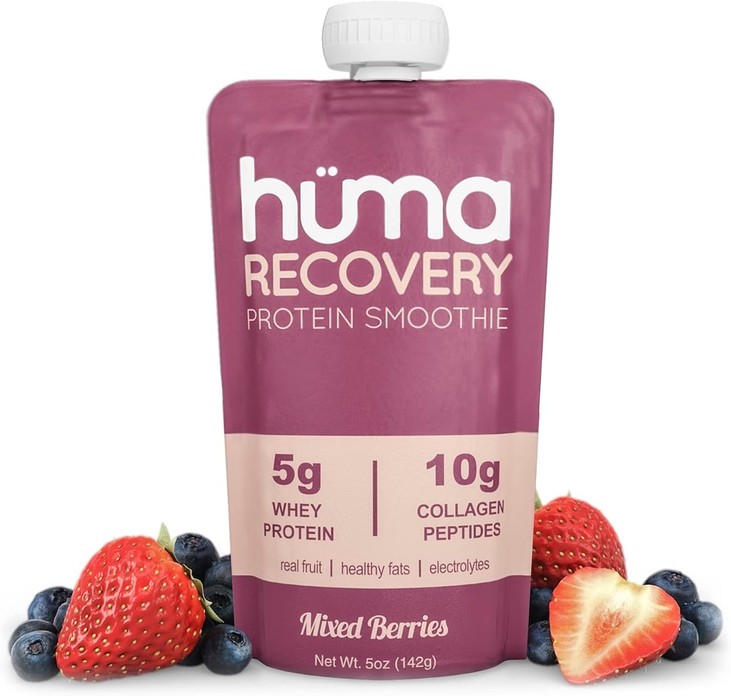 Huma Recovery proteini Smoothie, 12 Pouches – 15g Collagen + Whey Post Workout Recovery Drink - Gerçek Meyve ile Hazır-Drink Protein Shake, Elektrolytes, Sağlıklı Yağlar