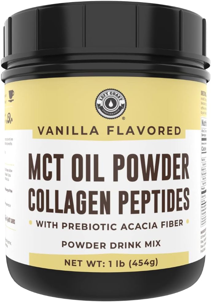 Keto MCT Oil Powder + Collagen + Prebiotic Acacia Fiber, Vanilla Flavor, 16oz. MCT Oil Powder from Coconuts. Grass Fed Collagen, Ιδανικό για Keto, 0 Net Carb, Stevia, Erythritol, πόσιμο σε σκόνη