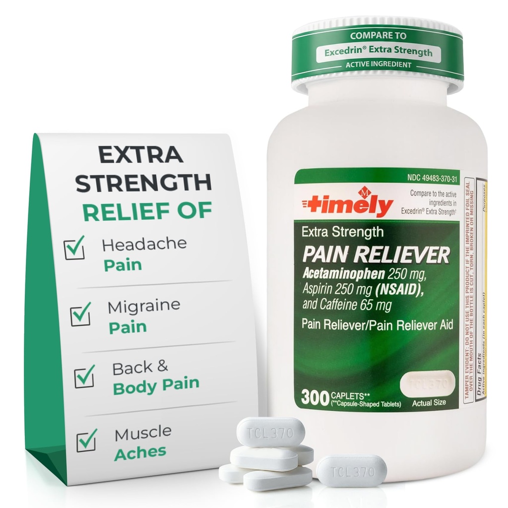 Εργαστήρια Time-Cap, INC. Timely Extra Strength Πονοκέφαλος Ανακούφιση - Acetaminophen με ασπιρίνη & καφεΐνη (300 Caplets) - Πονοκέφαλος, ημικρανία και πλάτη και πόνος του σώματος & μυϊκοί πόνοι - Επιπλέον δύναμη - Made in USA
