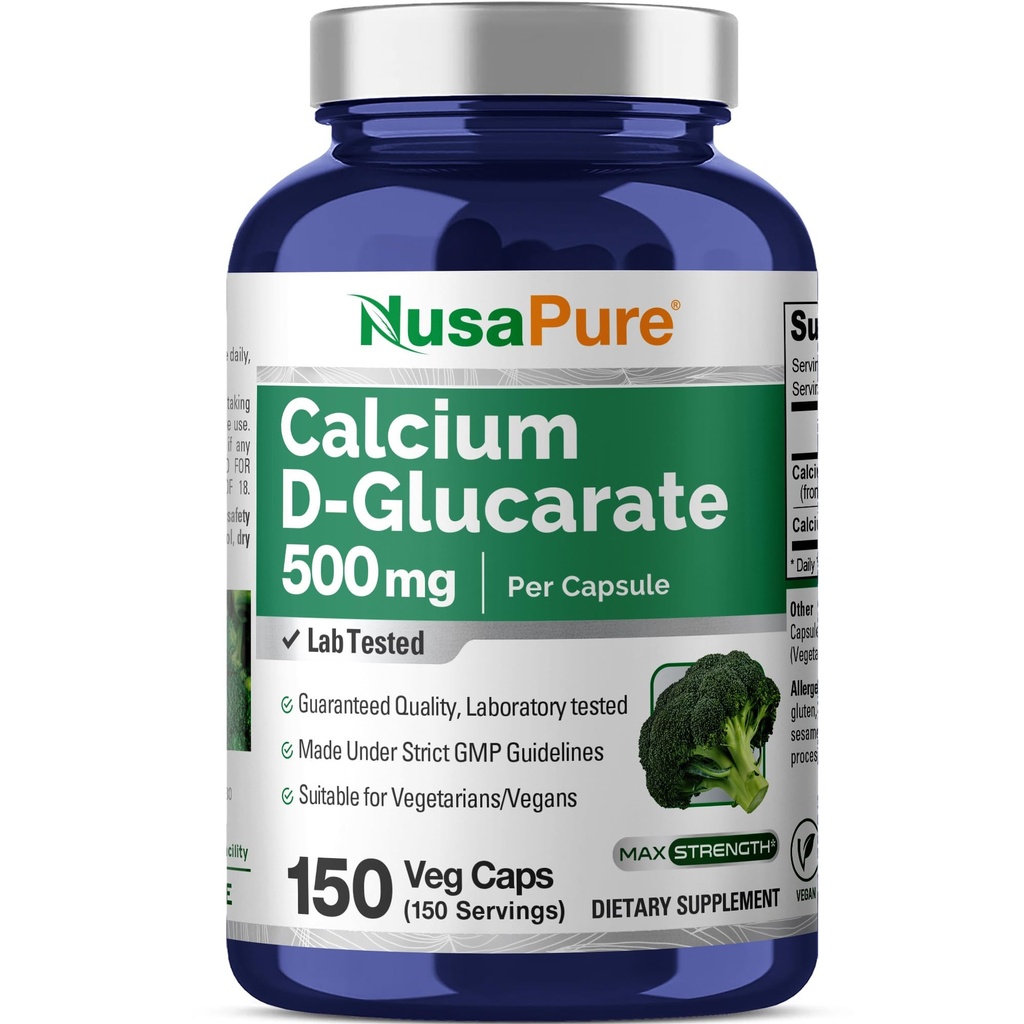 NusaPureelli D-Glucarate 500 mg 150 Veggie Caps, Vegan, Non-GMO, Gluten-Free
