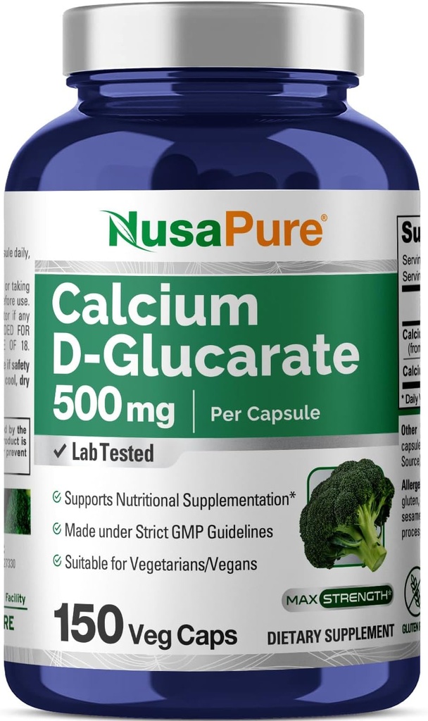 NusaPureelli D-Glucarate 500 mg 150 Veggie Caps, Vegan, Non-GMO, Gluten-Free