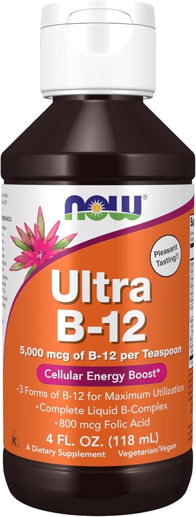 NOW Συμπληρώματα Τροφίμων, Ultra B-12, Υγρό, 800 mcg Φολικό οξύ, Κυτταρική Παραγωγή Ενέργειας*, 4-Ounce