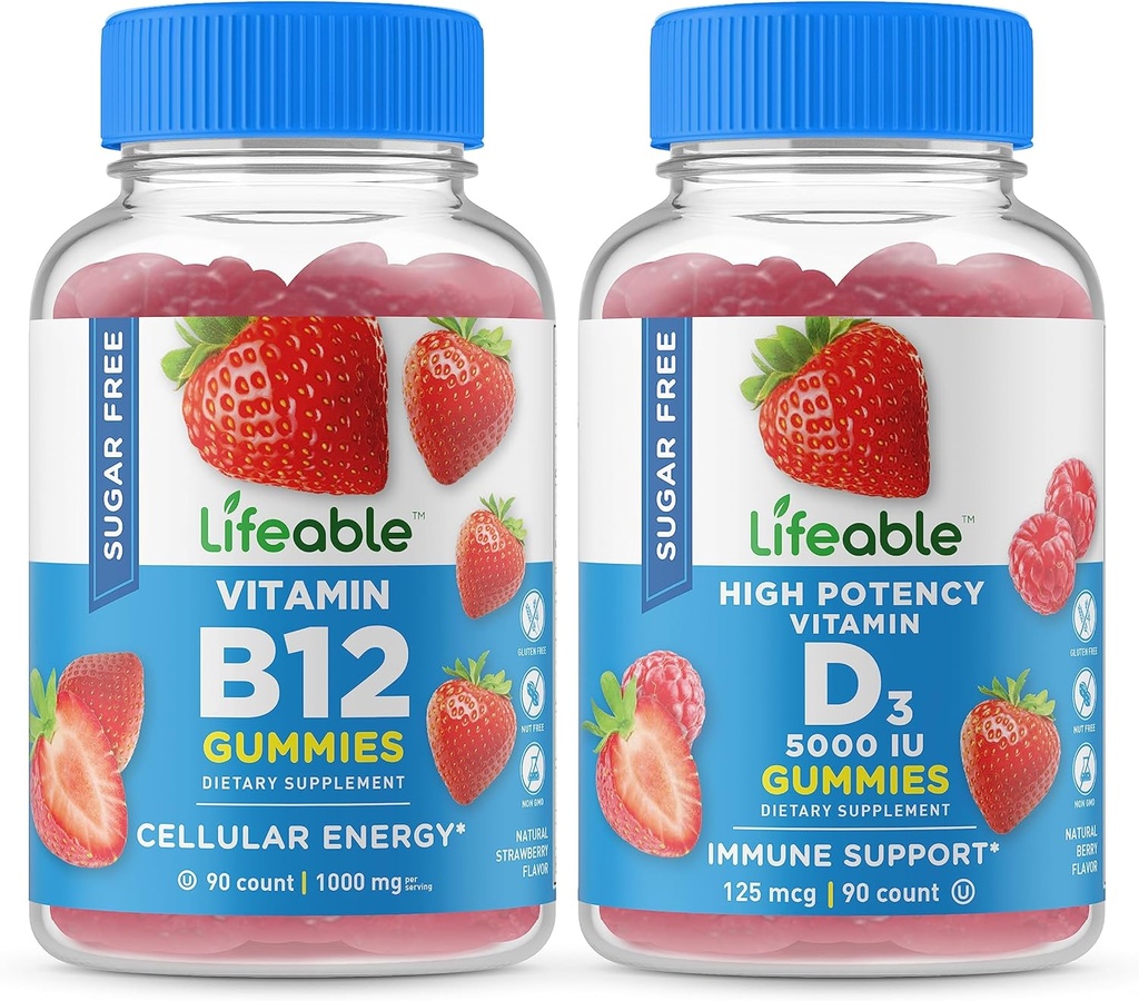 Lifeable Sugar Free Vitamin B12 + D 5000 IU, Gummies Sche - Great Tasting, GMO Free, Chewable Gummy