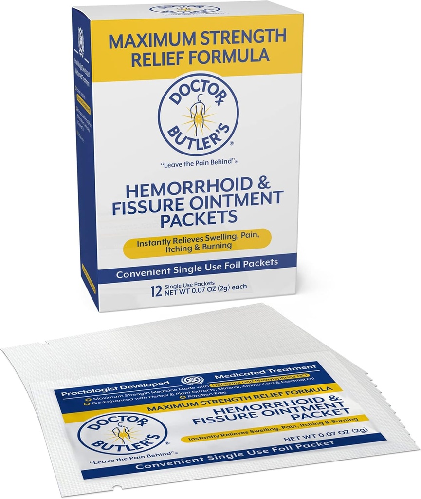 Doktor Butler'in En Güçlü Hemorrhoid & Fissure Ointment 12 to-Go Packets - Instant Pain Relief Hemorrhoid Treatment with Lidoka, Internal & Dış Itching, Yan ve Swelling Relief