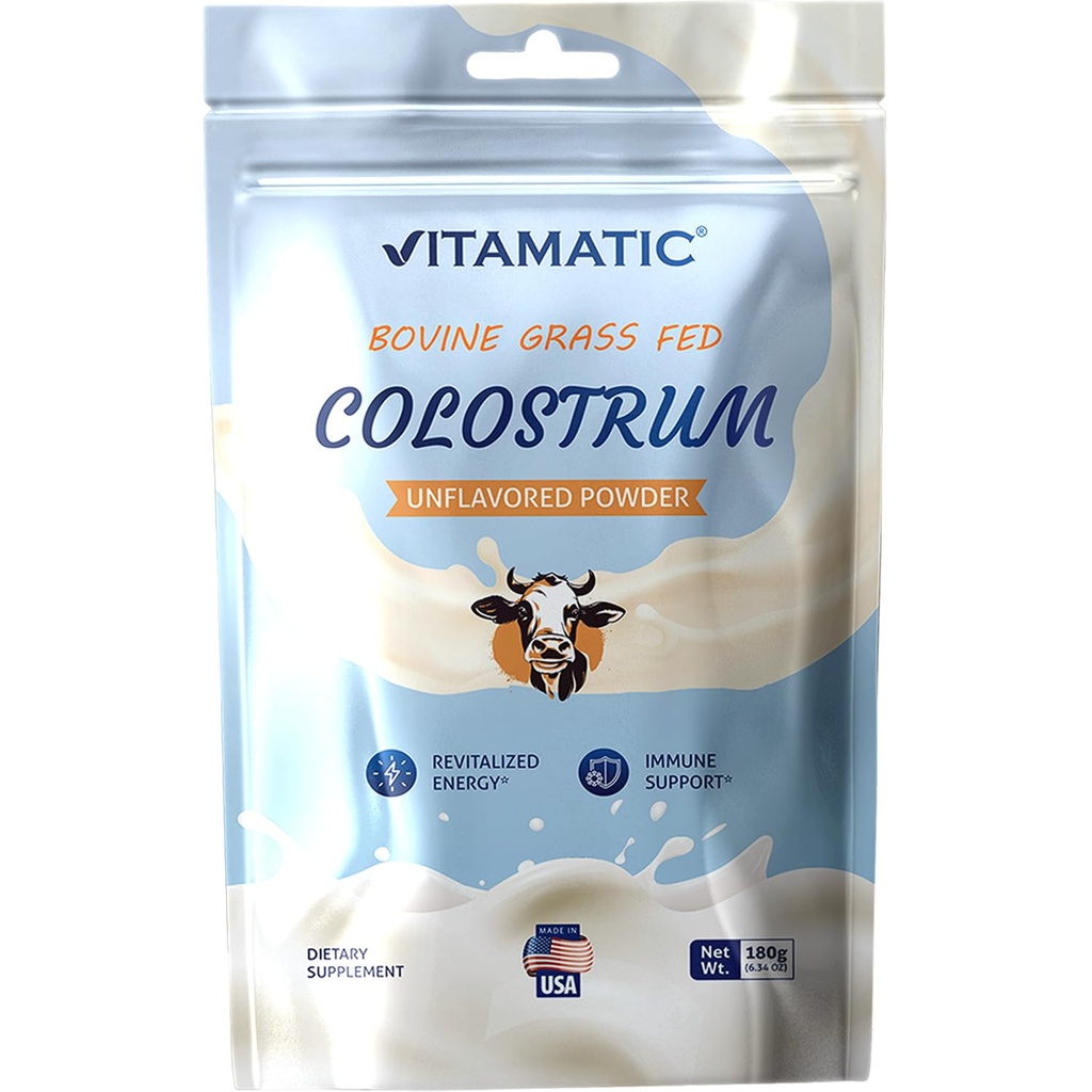 Vitamatic Bovine Colostrum 30% IgG Powder 180 gram (6,34 OZ) - Συμπλήρωμα για την υγεία των ορνίθων, την ανάπτυξη των μαλλιών, την ομορφιά, την αποκατάσταση των μυών, & την ανοσοποιητική υποστήριξη - Εύκολο να αναμειχθεί - (Άγευστη)