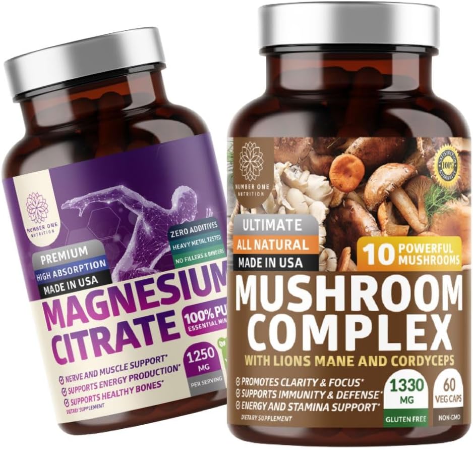 Number One Nutrition N1N Premium Mushroom Complex [10X Ισχυρά Μανιτάρια] και Μαγνήσιο Citrate [200mg], 2 Πακέτο