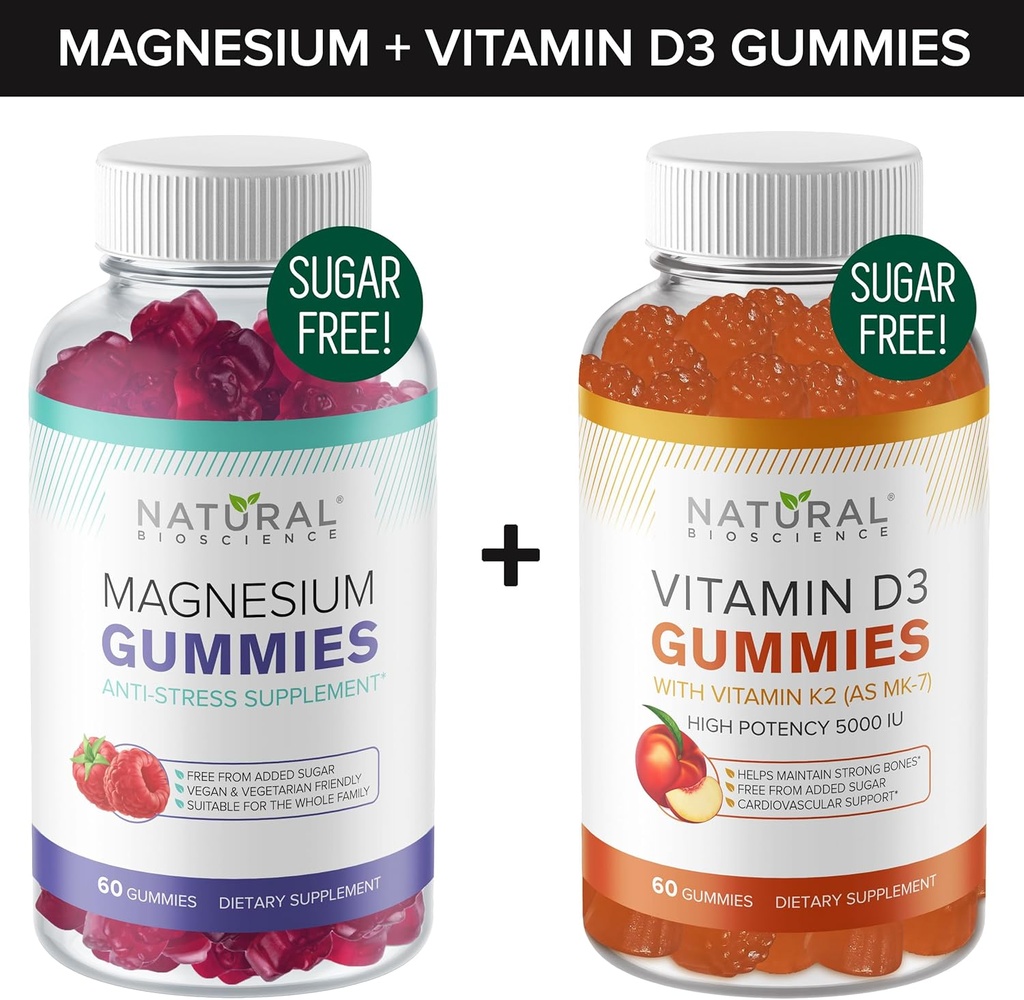 Gummies μαγνησίου χωρίς ζάχαρη (60 Gummies) και χωρίς ζάχαρη Βιταμίνη D Gummies (60 Gummies) – Immune Support & Calming Value Bundle, Gelatin-free, Gluten-free, Vegan, όλα φυσικά, GMO-free, Kosher
