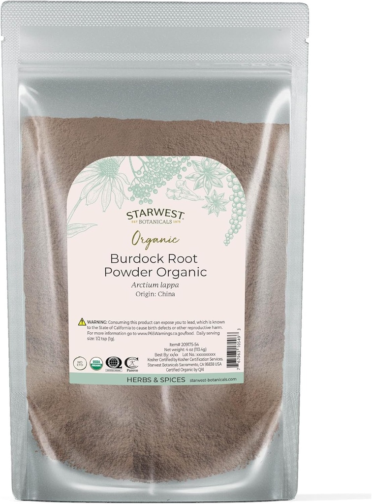 Starwest Botaniks Burdock Kök Toz Organik - Antioksitlerin Doğal Kaynağı, Loose Herb'i Çay, Rice, Soup, & Stews, Sertifikalı Kosher, Non-GMO - 4 oz Pouch