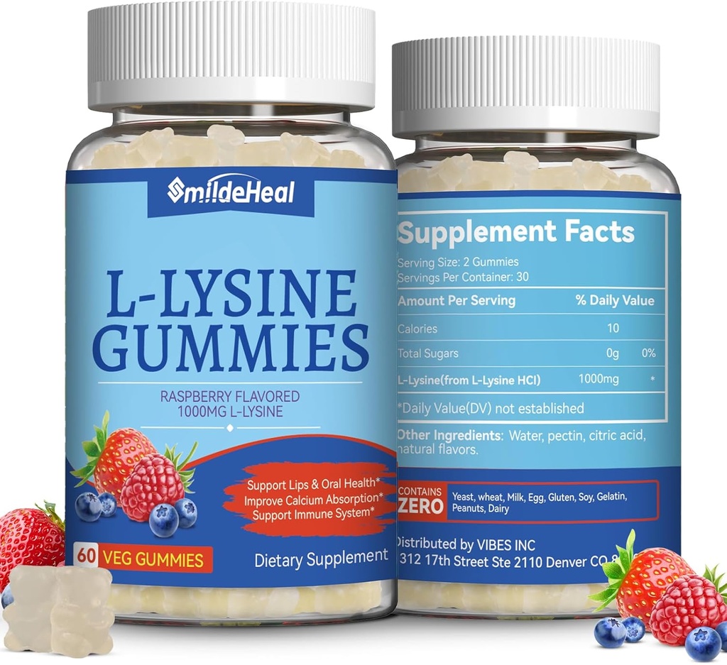 2 Συσκευασία L-Lysine 1000mg Gummies, Chewable Lysine συμπλήρωμα για ενήλικες, ανοσοποιητική υποστήριξη, Collagen Formation Support, Μη-GMO, Vegan, Χωρίς γλουτένη - 120 Counts