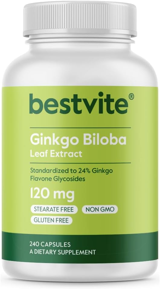 BESTVITE Ginkgo Biloba 120 mg (240 Capsules) - Stearates - GMO - Gluten Free -% 24 Ginkgo Flavone Glycosides Glycosides