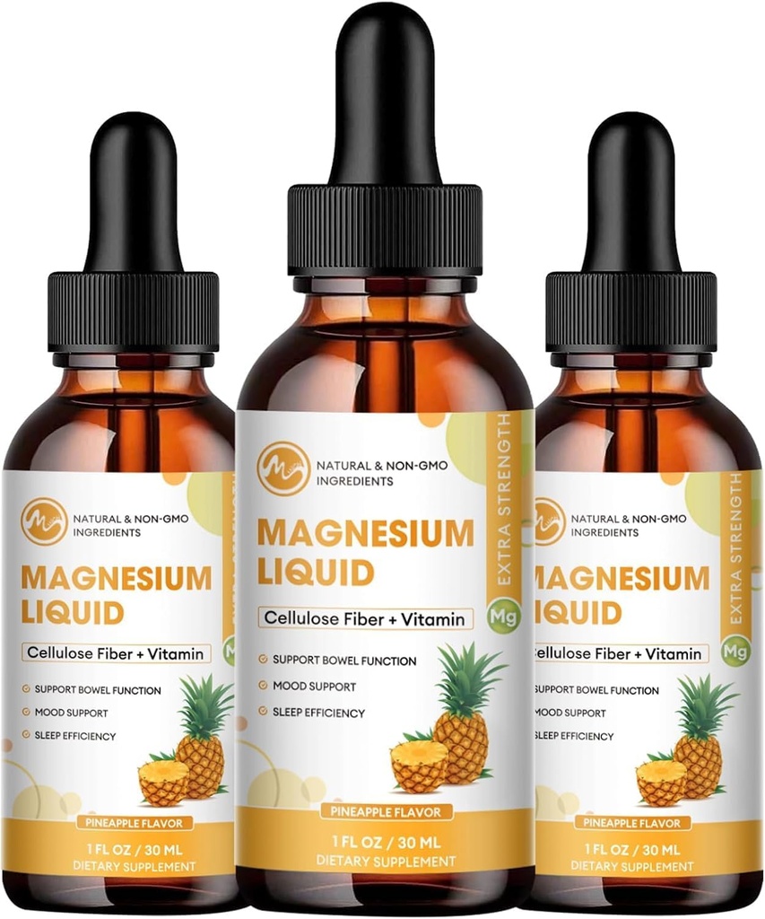 (3 Pack) Magnezyum Glycinate Liquid Drops, Yüksek Absiyon sıvısı Bromelain, B6 C D, Magnezyum Supplement for Kids and Yetişkinler, Night & Muscle Support, Pineleapp Flavor