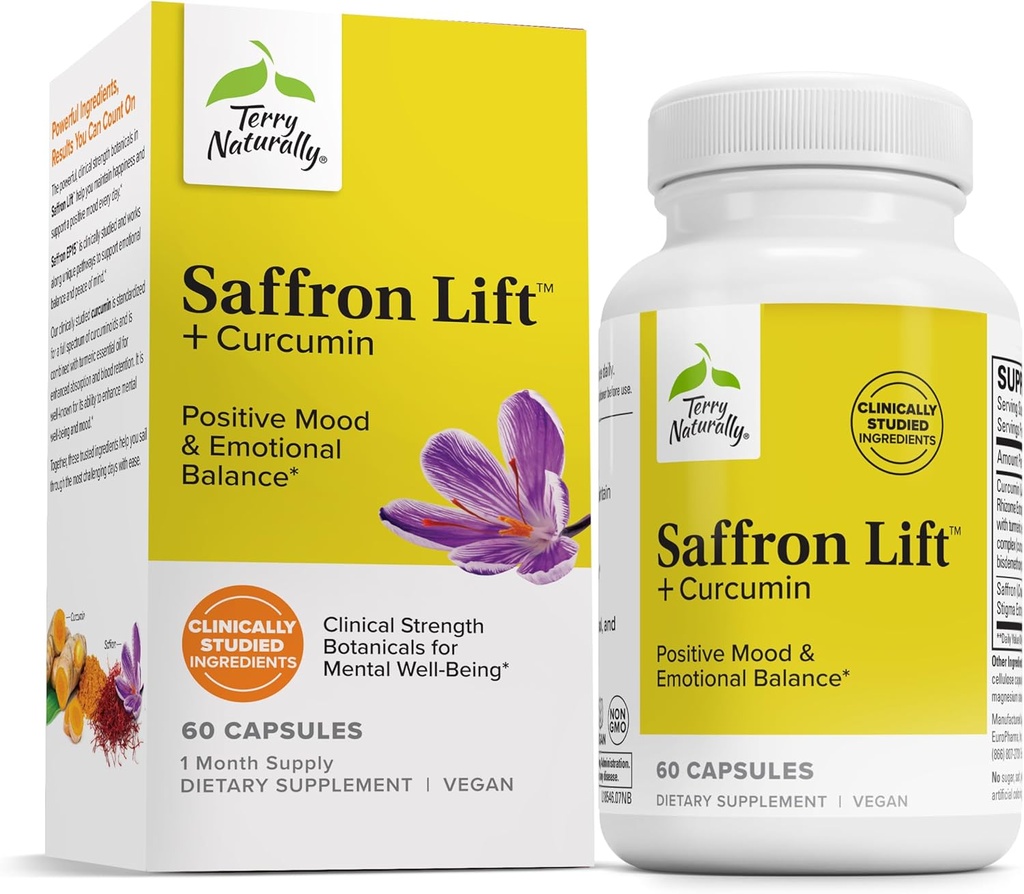 Terry Natural Saffron Lift + Curcumin - Herbal Supplement with Curcumin - Non-GMO Saffron & Brain Curcumin Capsules - Concentration & Relaxation Support Supplement - 60 Capsules