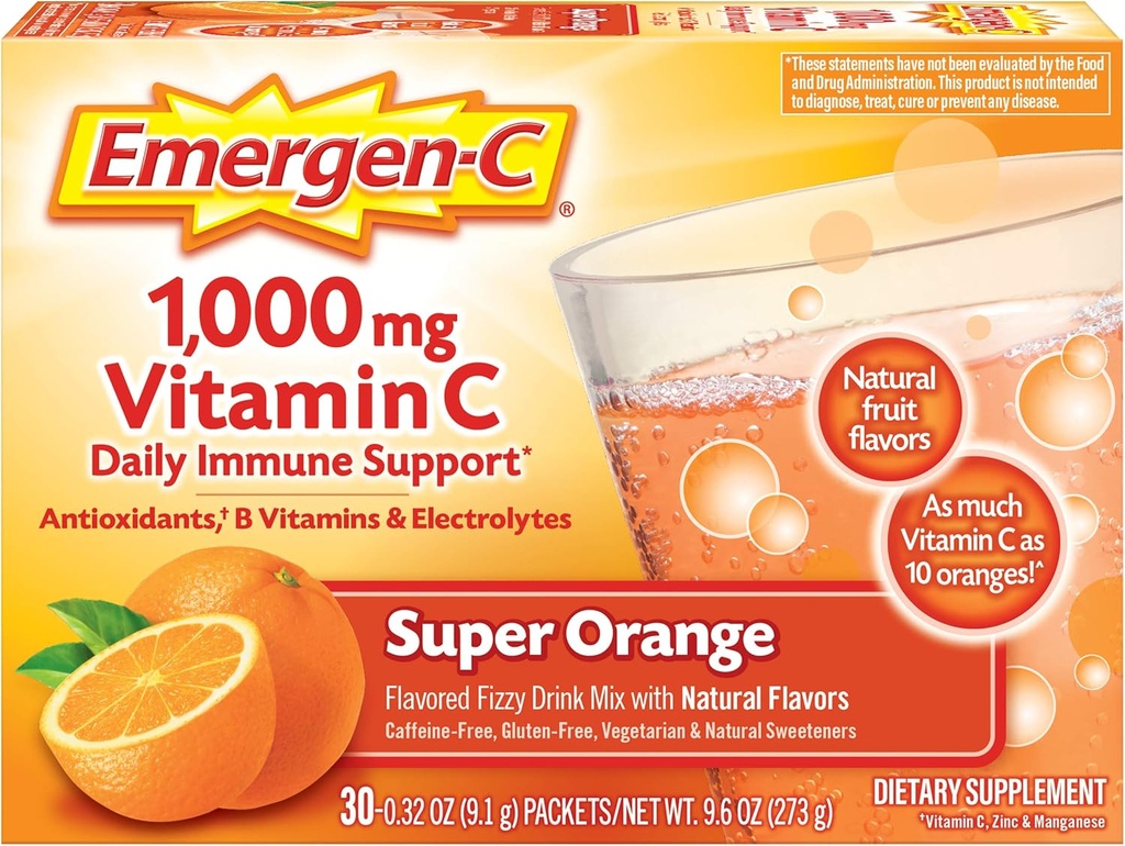 Emergen-C 1000mg σκόνη βιταμίνης C για την καθημερινή ανοσοποιητική υποστήριξη Caffeine Δωρεάν συμπληρώματα βιταμίνης C με ψευδάργυρο και Μαγγάνιο, βιταμίνες Β και ηλεκτρολύτες, Super Orange Flavor - 30 Count
