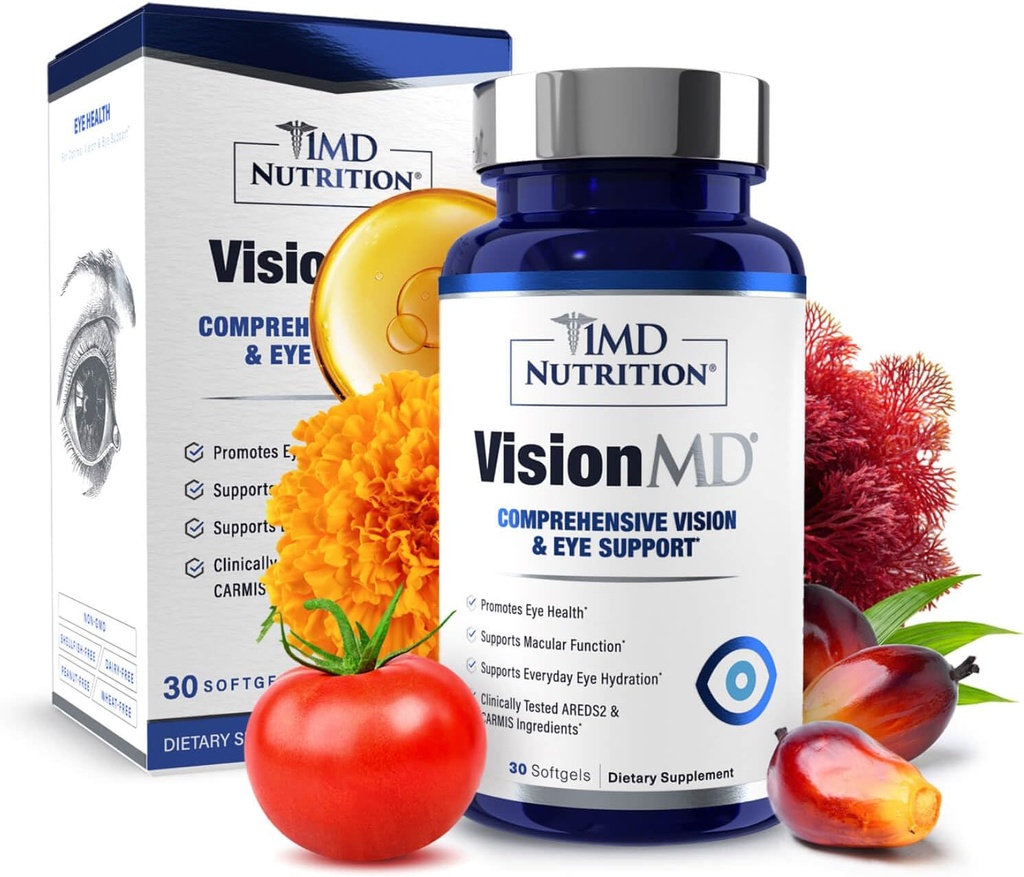 1MD Διατροφή VisionMD Eye Vitamin CARMIS - Συμπλήρωμα ματιών για ενήλικες - με OptiLut Lutein & Zeaxanthin - Υποστηρίζει Vision Health Care, Everyday Eye Strain, & Occasional Dry Eye - 30 Softgels