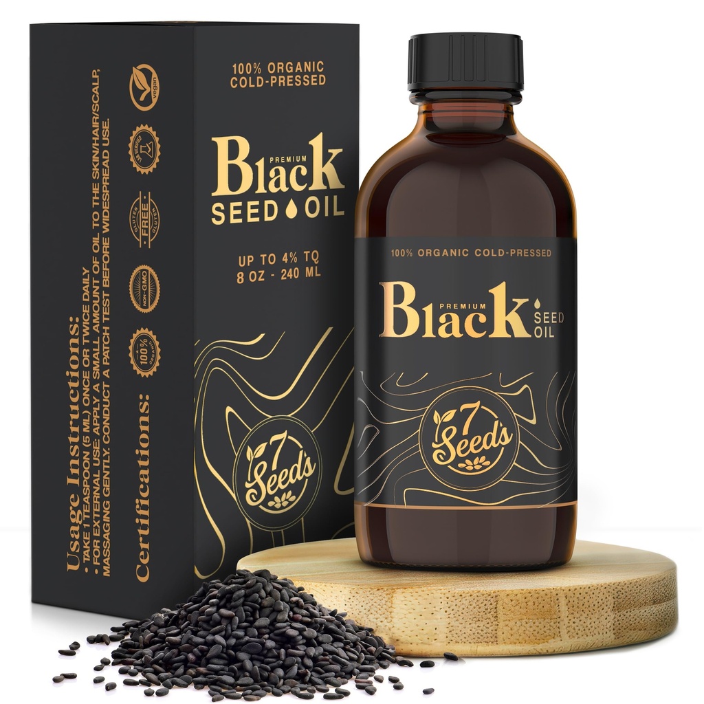 7 Seeds Cold Pressed Black Seed Oil - 240 ml Cold Pressed Nigella Sativa Liquid for Immune Support, Inflama Support, Digestion, Hair & Skin (8 Fl Oz)