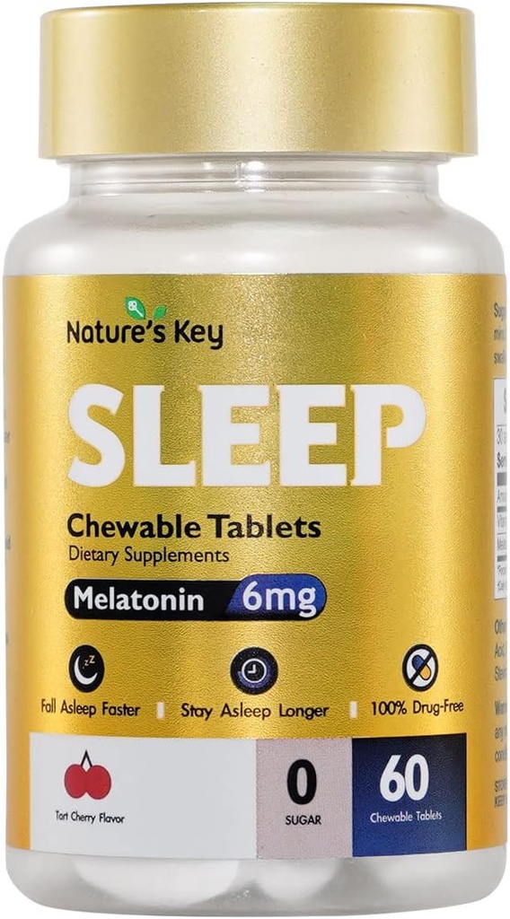 Nature's Key Melatonin 6 mg Chewable Tabletler, Sugar Free | Discovers Restful Sleep & Sleep Faster | Non-Habit Form, 6 mg B6 | 60 Tabletler (Yummy Tart Cherry Flavor)