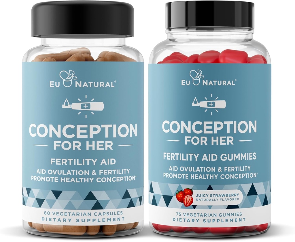 Her Capsules & Gummies Log için Eu Natural Conception – Aids Ovulation, Hormonal Denge ve Düzenli Lisanslar – 60 Capsules + 75 Strawberry Flavor Gummies