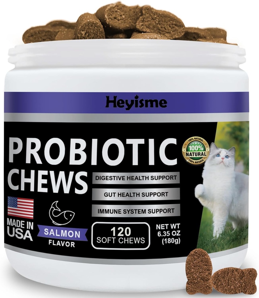 Cat Probiyotik, Gut ve Immune Health için Chews, Cats Probiyotik Supplement for Cat Digestive Support, Health Digestion, Cat Constipation and Diarrhea Relief (120 Pills, Salmon)