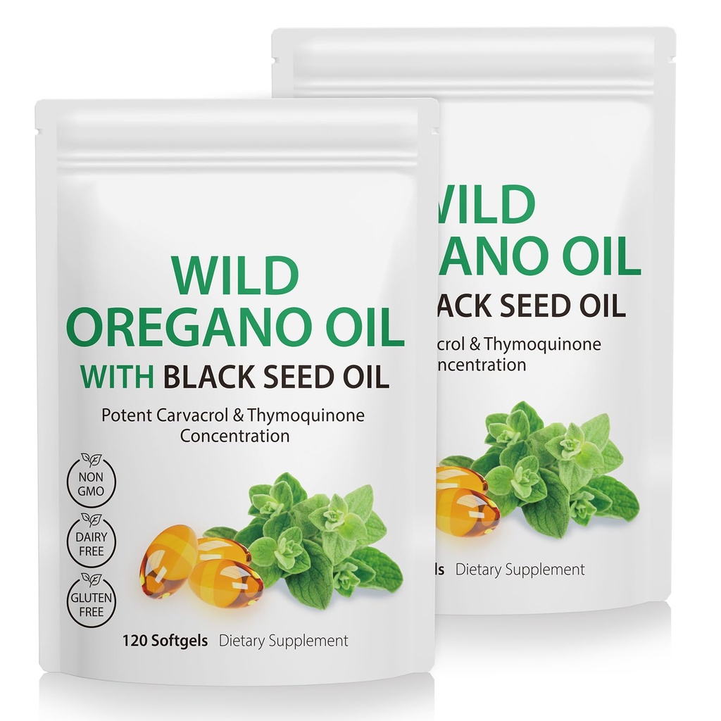 2 Pack Oil of Oregano Softgels, Oregano Oil Capsules, 165 mg Carvacrol, 2 in 1 Formulated Oil of Oregano with Black Seed Oil 200 mg, Oregano Oil Supplement Capsules, Oregano Oil Capsules, 165 mg Carvacrol, 2 in 1 Formulated Oil of Oregano with Black Seed Oil 200mg, Oregano