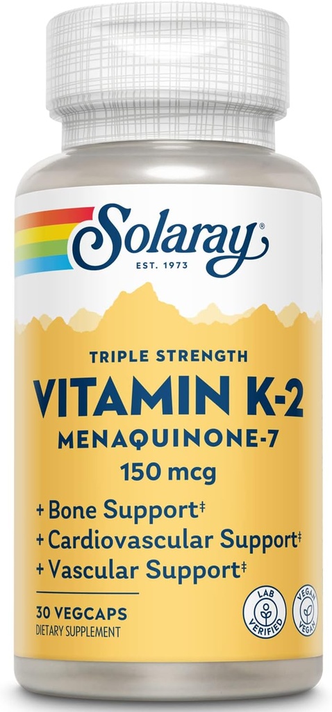 SOLARAY Triple Strength Vitamin K-2 MK-7, 150 mcg | Heart & Bone Health, Vascular Function Support | 30ct