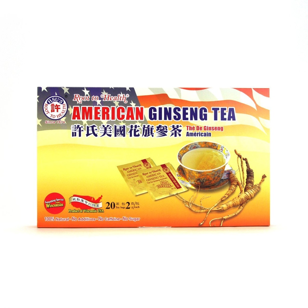 Hsus SKU 1034 | American Ginseng Tea, 20ct Box | Cultivated American Ginseng Tea Bag | 许氏花旗参茶 | 西洋参