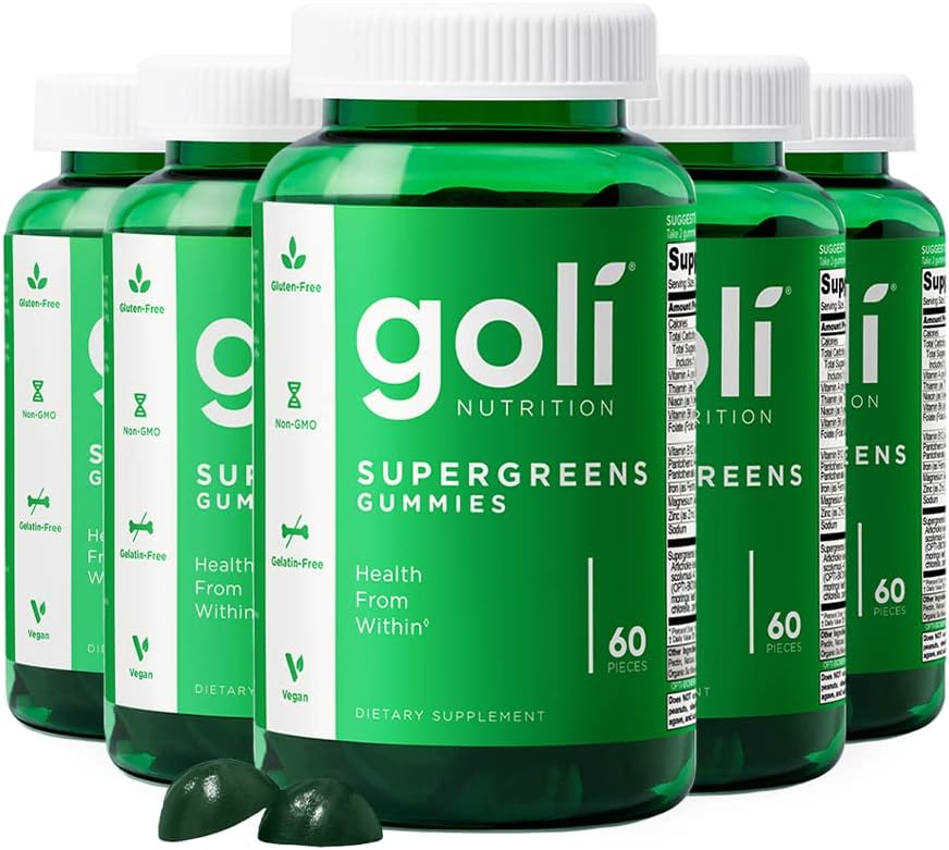 Goli SuperGreen Vitamin Gummy - 300 Kont - Temel Vitaminler ve Mineraller - Plant-Based, Vegan, Gluten-Free & Gelatin Free - Health from within, Pack of 5