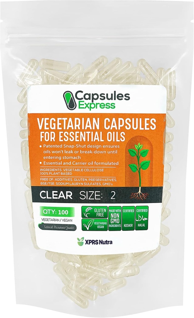 XPRS Nutra Boyutu 2 Boş Vegan Capsules - En Temel Petroller için 100 Kont Clear Veggie Capsules - Essential Oils için Boş Sebze Pilleri - DIY