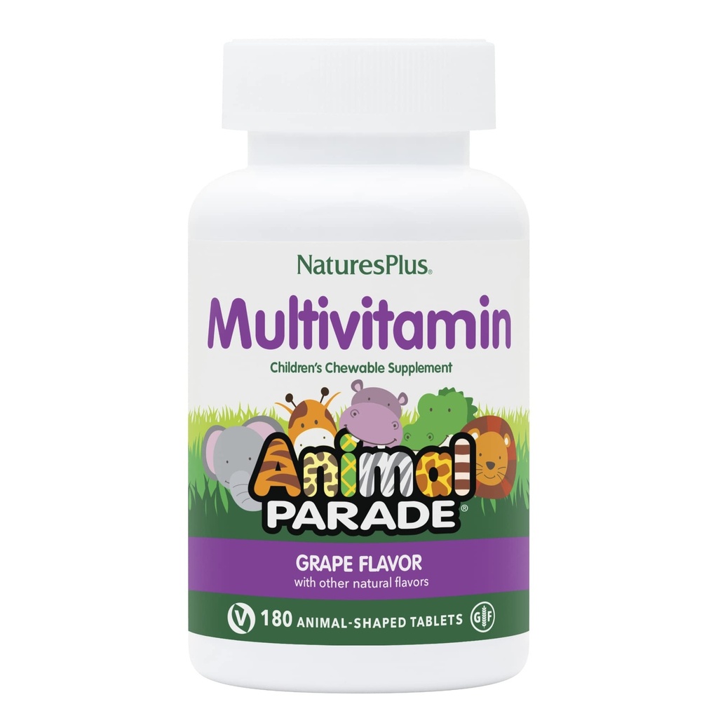 NaturesPlus Ζωική Παρέλαση Παιδική Μασώμενη Πολυβιταμίνη - Grape Flavor - 180 Ζωομορφές Δισκία - Προάγει την Υγεία & την Ευεξία - Χορτοφαγική, Χωρίς Γλουτένη - 90 Σερβιέτες