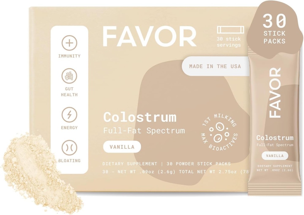 FAVOR Bovine Colostrum Stick Packs | Liposomal And Whole | Holistic Human Health | Travel | First Milking | Natural High IgG Toz | Etik Olarak ABD'de Yapıldı | Kolay To Mix [Vanilla]