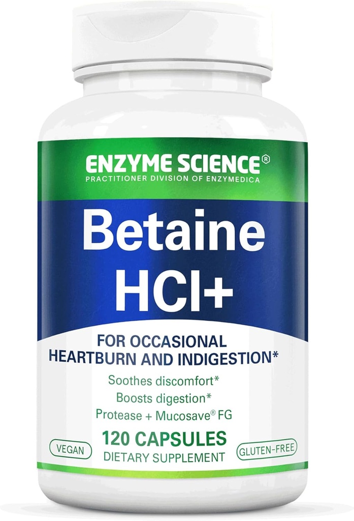 Enzyme Science Betaine HCl ile Pepsin - Low Stomach asit için Tamam - Betaine Supplement Tamam - Digestive Enzymes - Enzimas Digestivas - 120 Capsules