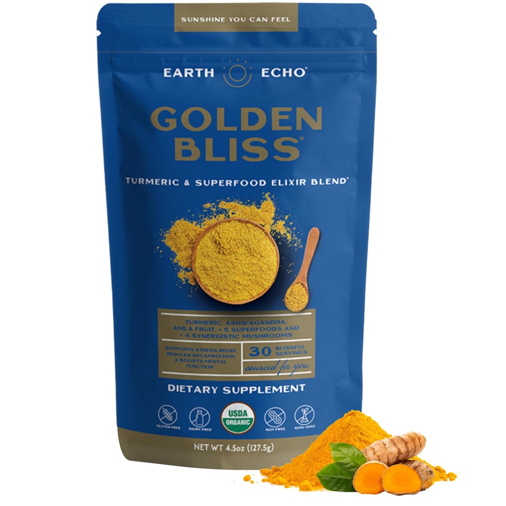 Dünya Echo Golden Bliss, Organik Turmeric Superfood Elixir Mix with Ashwagandha Root, MCT Oil and 4 Mushroom Mix for Restful Sleep, Immune Support and Reduces Craving, Dairy-Free, 30 Services