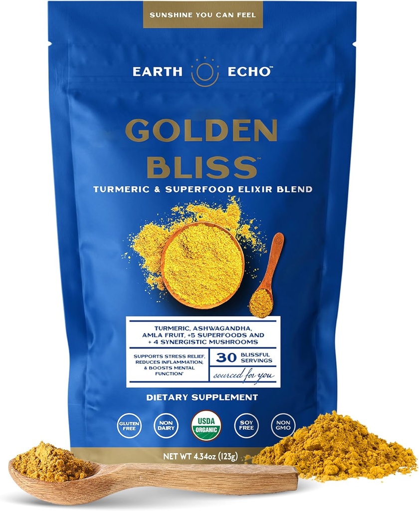 Dünya Echo Golden Bliss, Organik Turmeric Superfood Elixir Mix with Ashwagandha Root, MCT Oil and 4 Mushroom Mix for Restful Sleep, Immune Support and Reduces Craving, Dairy-Free, 30 Services