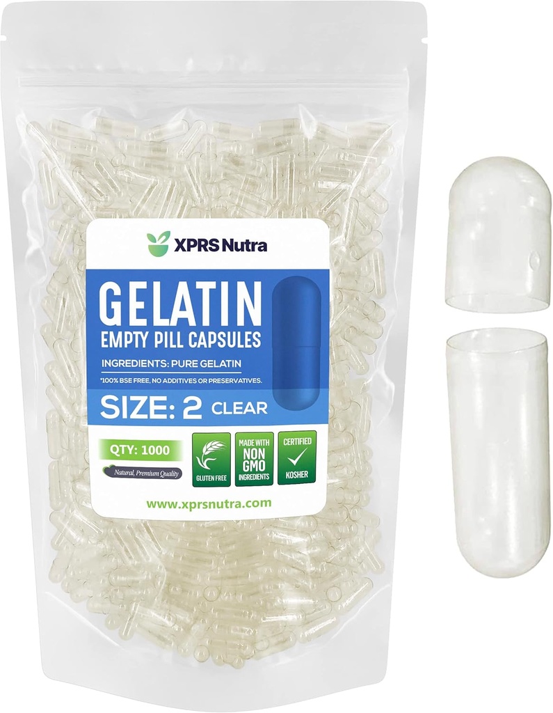 XPRS Nutra Size 2 Κενές κάψουλες - 1000 Cut Clear Empty Gelatin Κάψουλες - Χάπια DIY Καψάκιο Γέμισμα - Pure Bovine Pill Gel Caps for Do-It-Yourself Συμπληρώματα