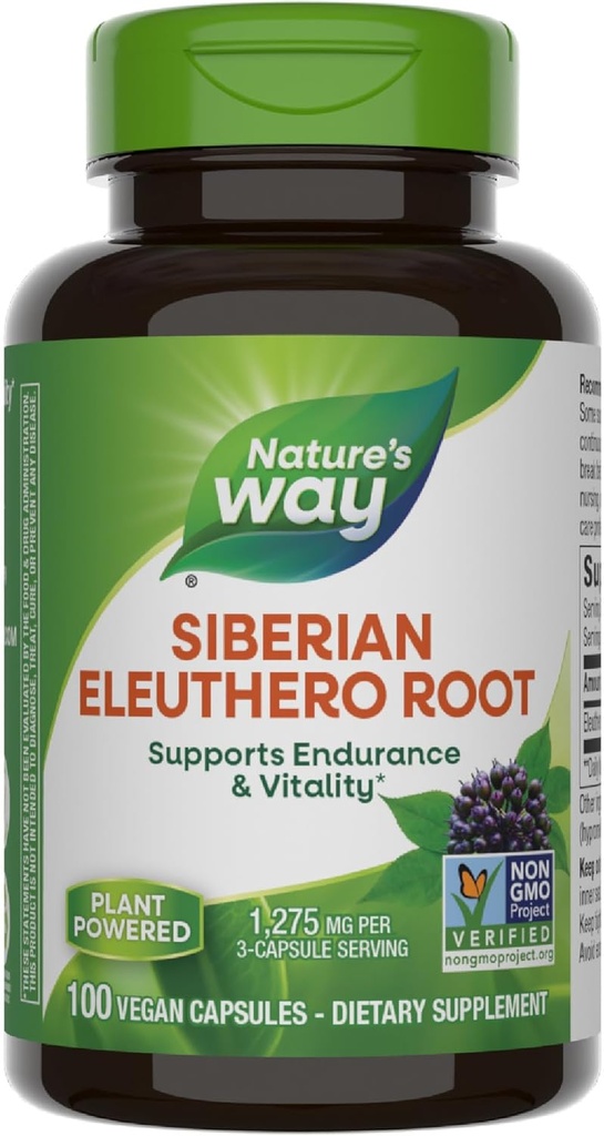 Nature's Way Premium Herbal Sibirya Eleuthero Root Supplement, Supports Endurance & Vitality*, Adaptogen*, 3Capsule Için 1.275 mg, Non-GMO Project  Valid, 100 Capsules (Pazarlama May Vary)